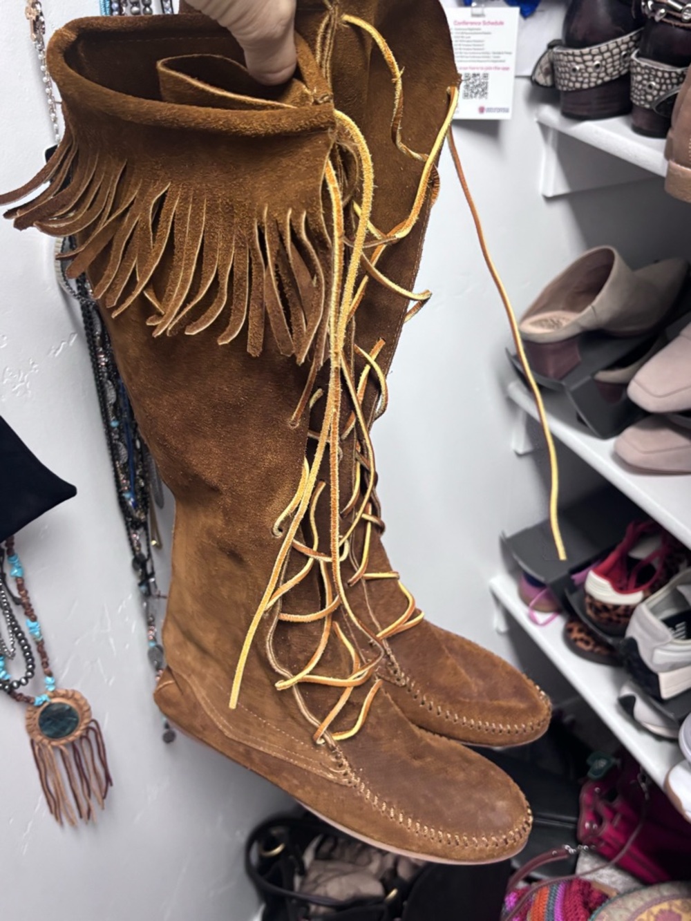 Fringe Lace-Up Suede Knee-High Boots - Brown